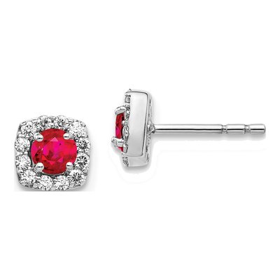14K White Gold 0.22 ct tw 3.7mm Round Ruby & Diamond Square Halo Stud Earrings
