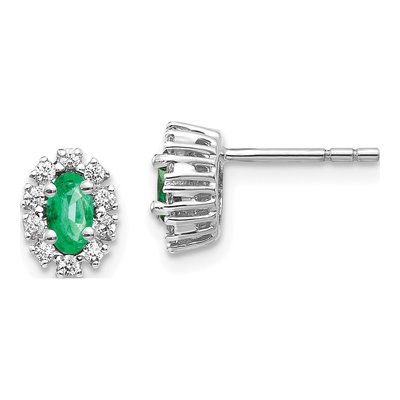 14K White Gold 1/5 ct tw Oval Lab-Created Emerald & Lab-Grown Diamond Halo Stud Earrings