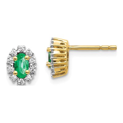 14K Yellow Gold 1/5 ct tw Oval Lab-Created Emerald & Lab-Grown Diamond Halo Stud Earrings