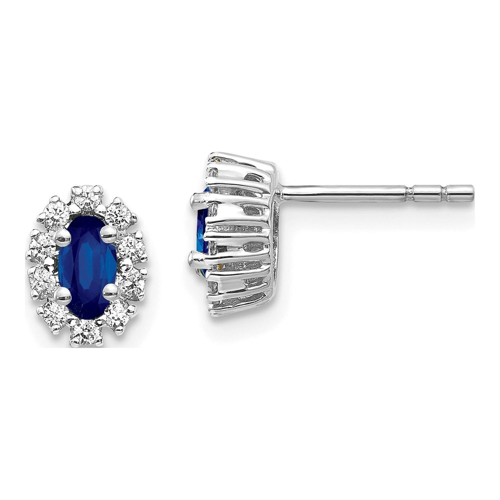 14K White Gold Rhodium-Plated 1/5 Carat Lab Grown Diamond Vs/si+ G+ And Oval Created Sapphire Halo Post Earrings