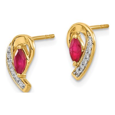 10K Yellow Gold Ruby & Diamond Marquise Stud Earrings – view 3