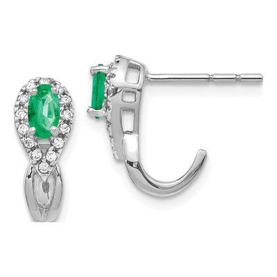 14K White Gold 1/7 ct tw Emerald & Diamond J- Dangle Earrings