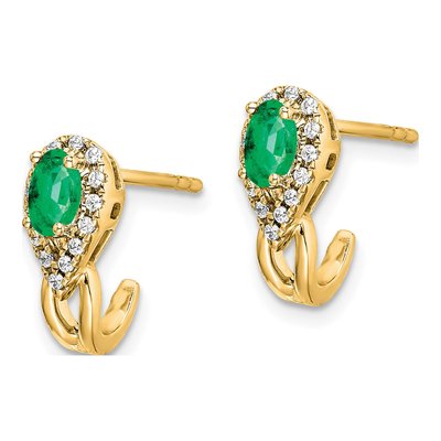 14K Yellow Gold 1/7 ct tw Emerald & Diamond Oval J- Dangle Earrings – view 2
