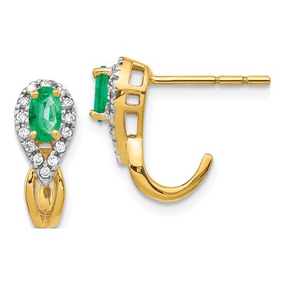 14K Yellow Gold 1/7 ct tw Emerald & Diamond Oval J- Dangle Earrings
