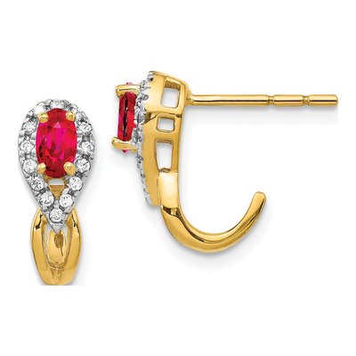 14K Yellow Gold 1/7 ct tw Ruby & Diamond J- Dangle Earrings