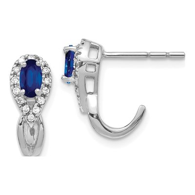10K White Gold 1/7 ct tw Sapphire & Diamond Oval J- Dangle Earrings