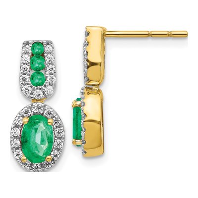 14K Yellow Gold 0.31 ct tw Emerald & Diamond Oval Halo Dangle Earrings