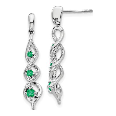 14K White Gold 1/8 ct tw Emerald & Diamond Dangle Earrings