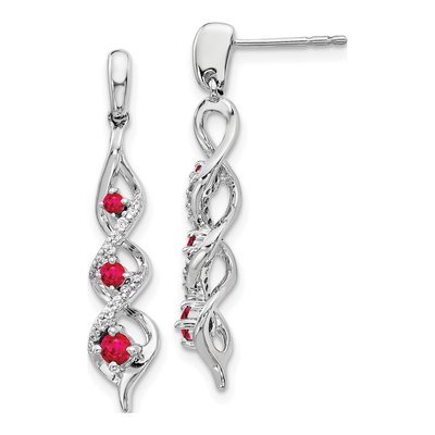 10K White Gold 1/8 ct tw Ruby & Diamond 3-Stone Dangle Earrings
