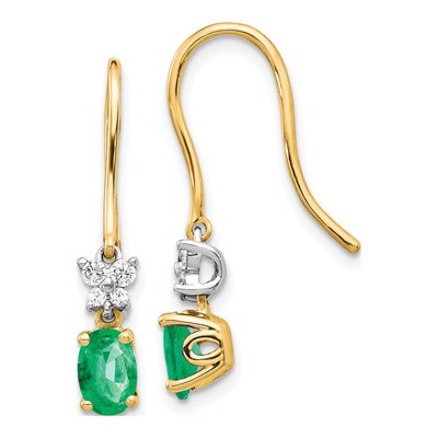 14K Two-Tone Gold 1/7 ct tw Emerald & Diamond Dangle Earrings