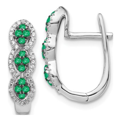 14K White Gold 0.24 ct tw 18mm Emerald & Diamond Huggie Hoop Earrings