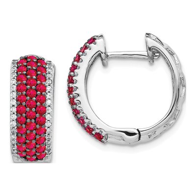 14K White Gold 0.24 ct tw 17mm Ruby & Diamond Huggie Hoop Earrings