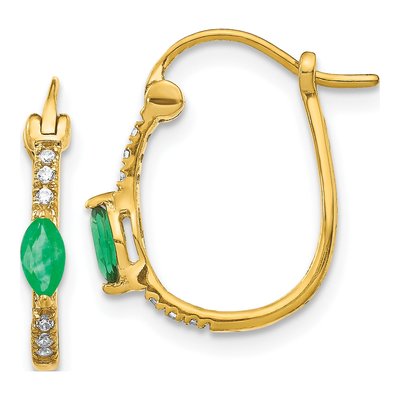 14K Yellow Gold 1/20 ct tw 15mm Emerald & Diamond Hoop Earrings