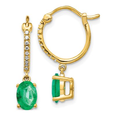 14K Yellow Gold 1/10 ct tw 21mm Emerald & Diamond Hoop Earrings