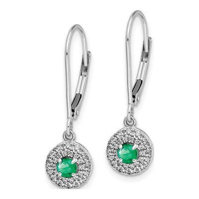 14K White Gold 1/5 ct tw Emerald & Diamond Halo Leverback Earrings – view 2