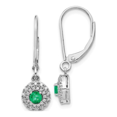 14K White Gold 1/5 ct tw Emerald & Diamond Halo Leverback Earrings