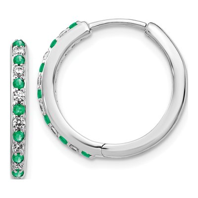 14K White Gold Lab-Grown Diamond Lab-Created Emerald Hoop Earrings