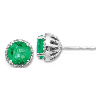 14K White Gold 1/7 ct tw 6.8mm Round Emerald & Diamond Halo Stud Earrings
