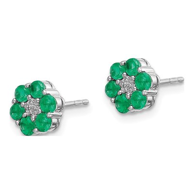 14K White Gold 2.3mm Round Emerald & Diamond Floral Stud Earrings – view 3