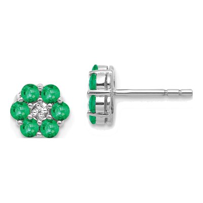 14K White Gold 2.3mm Round Emerald & Diamond Floral Stud Earrings