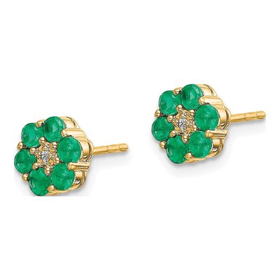 14K Yellow Gold 2.3mm Round Emerald & Diamond Floral Stud Earrings – view 3