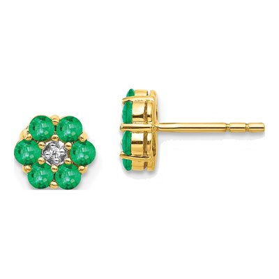 14K Yellow Gold 2.3mm Round Emerald & Diamond Floral Stud Earrings