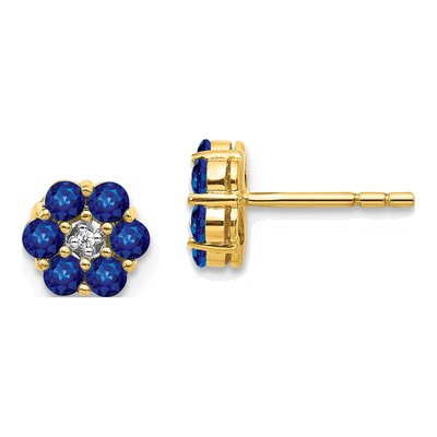 14K Yellow Gold 2.3mm Round Sapphire & Diamond Floral Stud Earrings