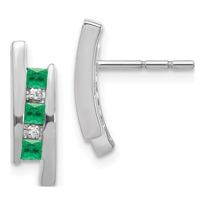 14K White Gold Emerald & Diamond Princess Dangle Earrings
