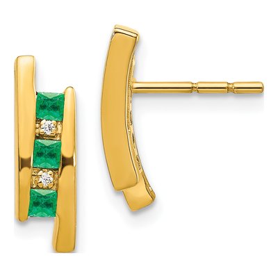 14K Yellow Gold Emerald & Diamond Princess Dangle Earrings