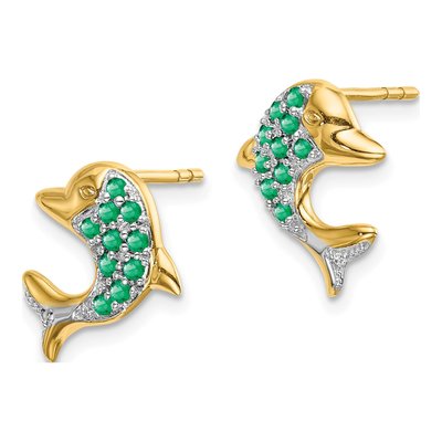 14K Yellow Gold 1.3mm Round Emerald & Diamond Dolphin Stud Earrings – view 2