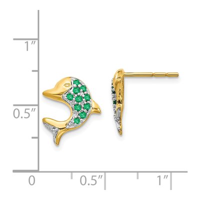 14K Yellow Gold 1.3mm Round Emerald & Diamond Dolphin Stud Earrings – view 4
