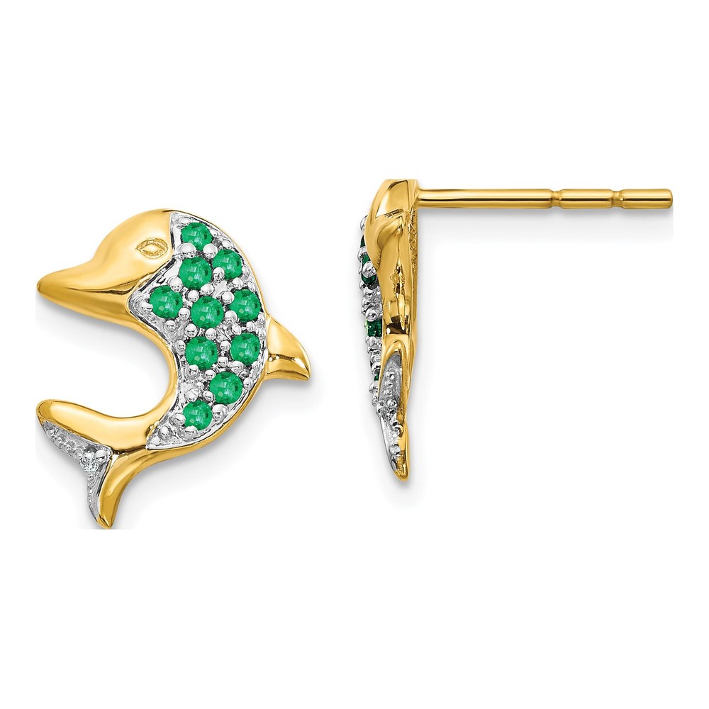14K Yellow Gold 1.3mm Round Emerald & Diamond Dolphin Stud Earrings