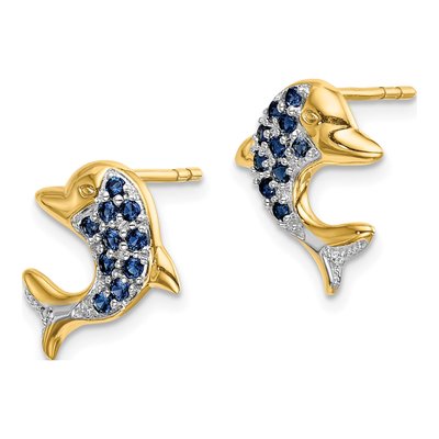 14K Yellow Gold 1.3mm Round Sapphire & Diamond Dolphin Stud Earrings – view 3