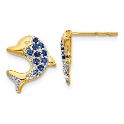 14K Yellow Gold 1.3mm Round Sapphire & Diamond Dolphin Stud Earrings