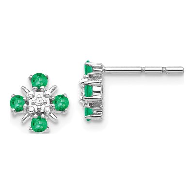 14K White Gold 2mm Round Emerald & Diamond Button Stud Earrings