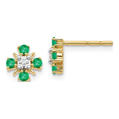 14K Yellow Gold 2mm Round Emerald & Diamond Stud Earrings