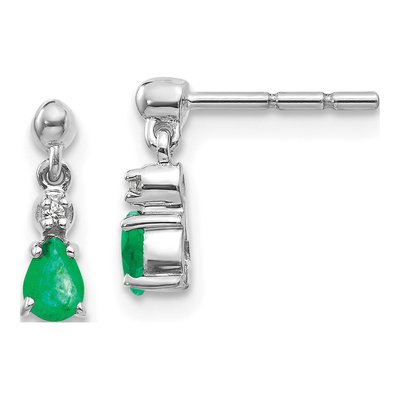14K White Gold Emerald & Diamond Pear Dangle Earrings