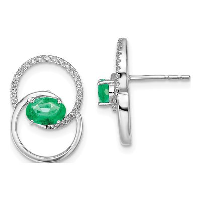 14K White Gold 1/6 ct tw Oval Emerald & Diamond Stud Earrings
