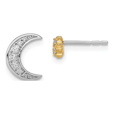 14K Two-Tone Gold 1/10 ct tw 1.5mm Round Diamond Crescent Moon Star Stud Earrings