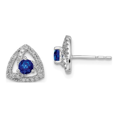 14K White Gold 1/6 ct tw 3.5mm Round Sapphire & Diamond Triangle Stud Earrings
