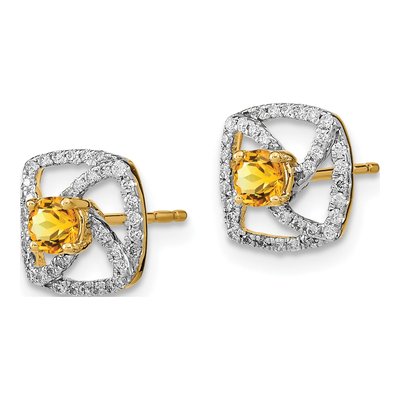 14K Yellow Gold 1/5 ct tw 3.4mm Round Citrine & Diamond Square Stud Earrings – view 2