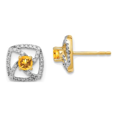 14K Yellow Gold 1/5 ct tw 3.4mm Round Citrine & Diamond Square Stud Earrings