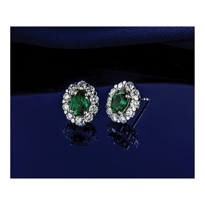 14K White Gold 1 1/5 ct tw Oval Lab-Created Emerald & Lab-Grown Diamond Halo Stud Earrings – view 5