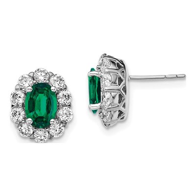 14K White Gold 1 1/5 ct tw Oval Lab-Created Emerald & Lab-Grown Diamond Halo Stud Earrings