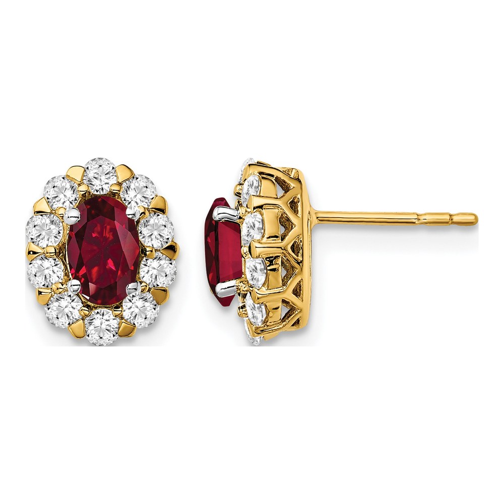 14K 3/4 Carat Lab Grown Diamond Vs/si+ G+ And Oval Created Ruby Complete Halo Post Earrings