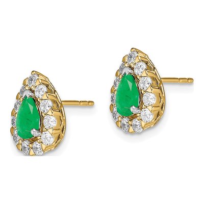 14K Yellow Gold 3/4 ct tw Emerald & Diamond Pear Halo Stud Earrings – view 2
