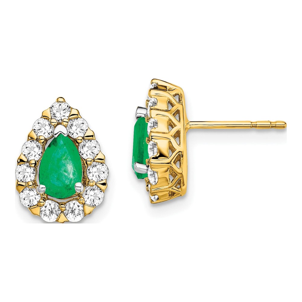 14K Gold Pear Emerald & 3/4 ct Diamond Halo Earrings