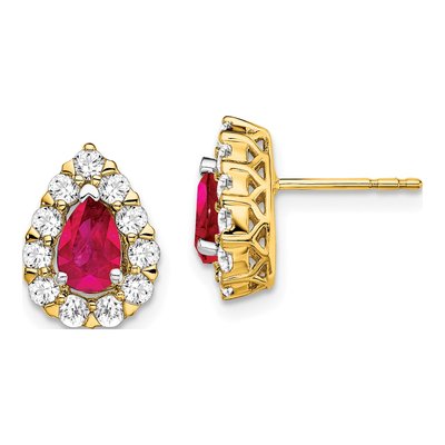 14K Yellow Gold 3/4 ct tw Ruby & Diamond Pear Halo Stud Earrings