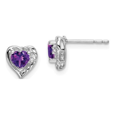 14K White Gold 4mm Amethyst & Diamond Heart Stud Earrings