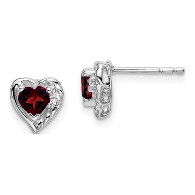 14K White Gold 4mm Garnet & Diamond Heart Stud Earrings